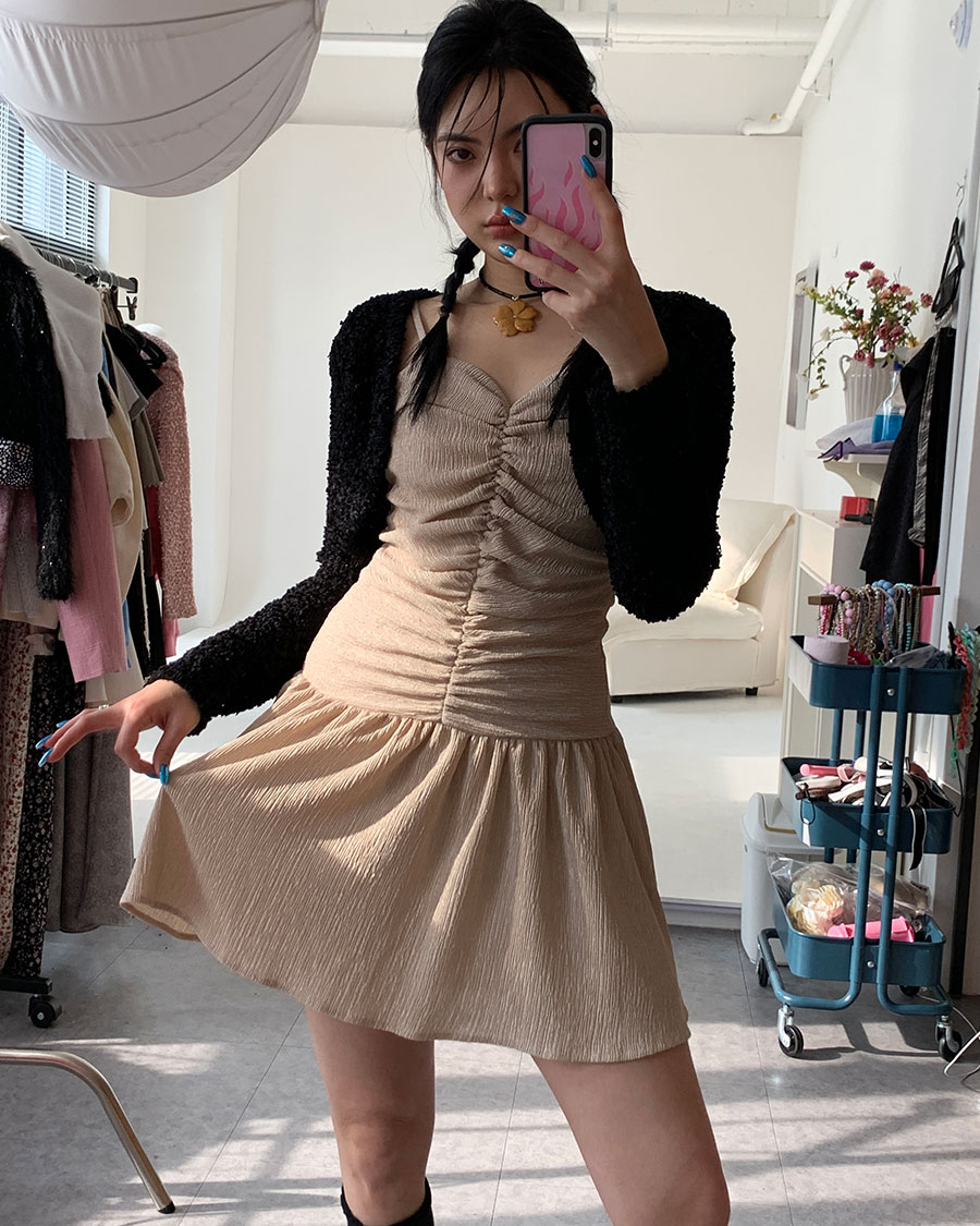 ﻿[MADE] Ballet Shirring Mini Dress (Beige)